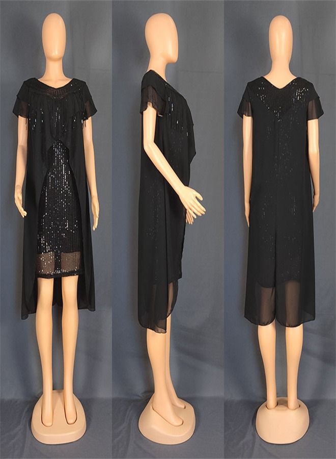 Loquat Solid Chiffon Fringe Sequin Dress Black 