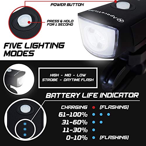 Apace Vision 500 Lumens Bike Light Set USB Rechargeable - Powerful Bicycle Headlight & LED Tail Light Combo - Super Bright IPX5 Waterproof MTB Road Commuter Front and Back Cycle Lights by Apace - Image 5