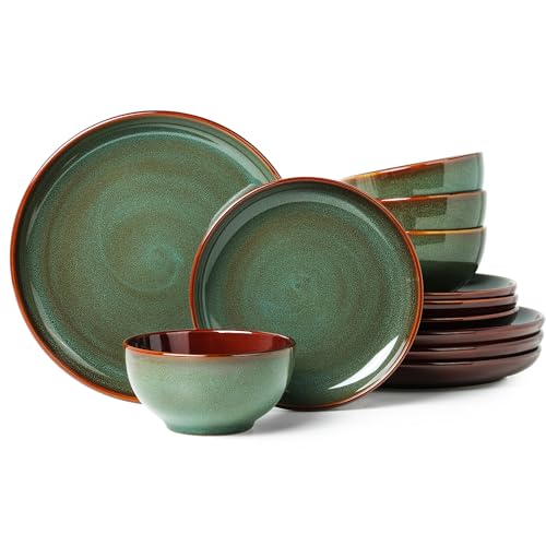 Pokini Stoneware Dinnerware Sets, Ceramic Plates and Bowls Set, Microwave & Dishwasher Safe Kitchen Dishes, Modern Dinner Salad Plates | Cereal Bowls, Dishware Sets Service for 4 Sage Green - Image 1