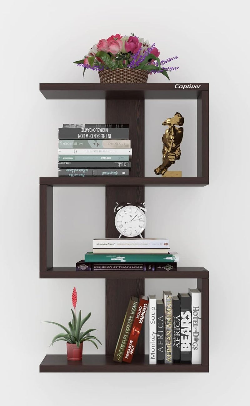 Captiver Engineered Wood Wall Mounted Books Shelf Racks Stand Self Tier 4 Wenge