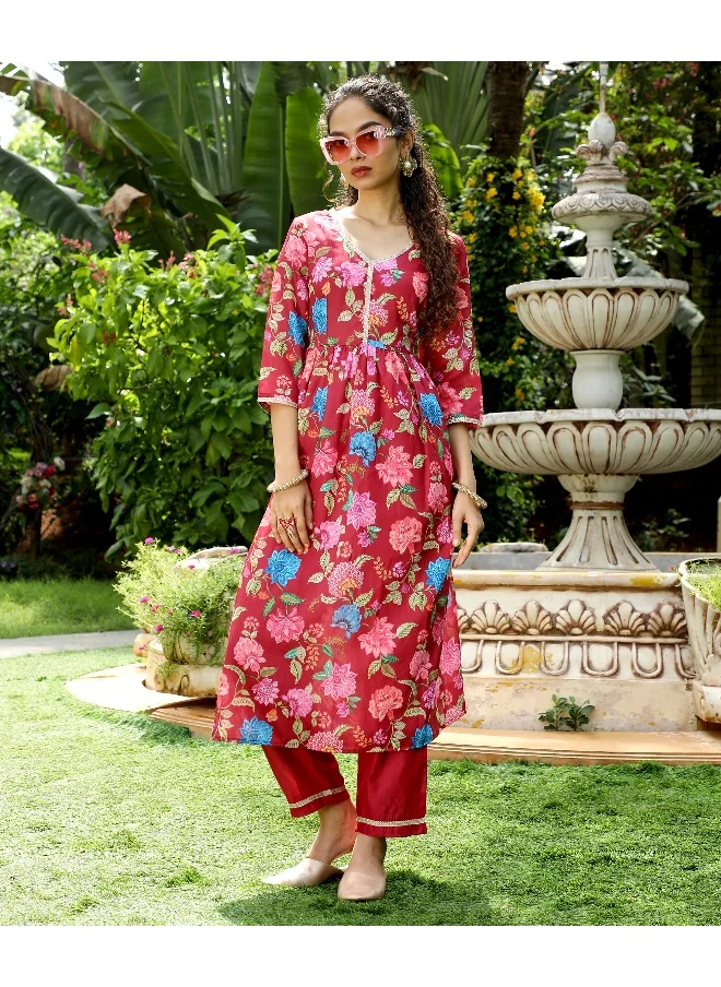 قصة Women's Crimson Red Flora Cluster Kurta With Trousers And Dupatta