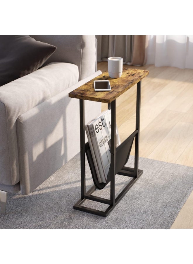 شو وو طاولة جانبية خشبية ضيقة 2 في 1، طاولة معدنية رفيعة، طاولة مجلات، طاولة سرير رفيعة، طاولة بجانب السرير مع حامل مجلات للمنزل والمكتب - Image 5
