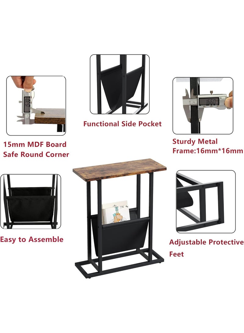 شو وو طاولة جانبية خشبية ضيقة 2 في 1، طاولة معدنية رفيعة، طاولة مجلات، طاولة سرير رفيعة، طاولة بجانب السرير مع حامل مجلات للمنزل والمكتب - Image 3