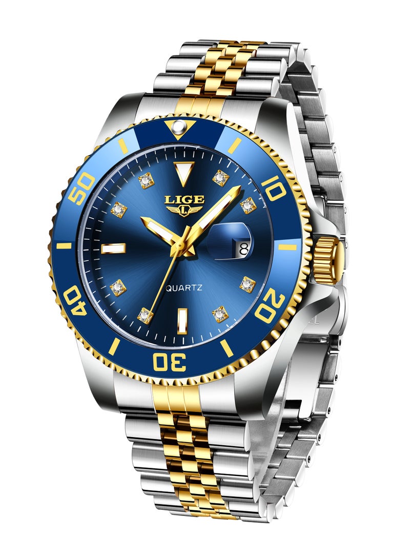 LIGE Men's Business Blue Dial Quartz Watches Luxurious and Elegant with Stainless Steel Band  - Image 1