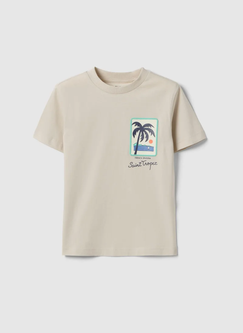 Ovs OVS Children'S Beige Pure Cotton T-Shirt, Regular Fit With Palm Print