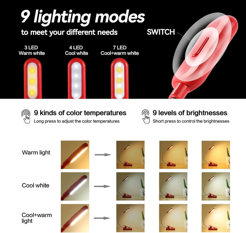 vavofo Rechargeable Book Light for Reading in Bed Kids, 7 LED Reading Light with 9-Level Warm Cool White Daylight, Eye Care Lamp with Power Indicator for Bookworms (Red) - Image 3