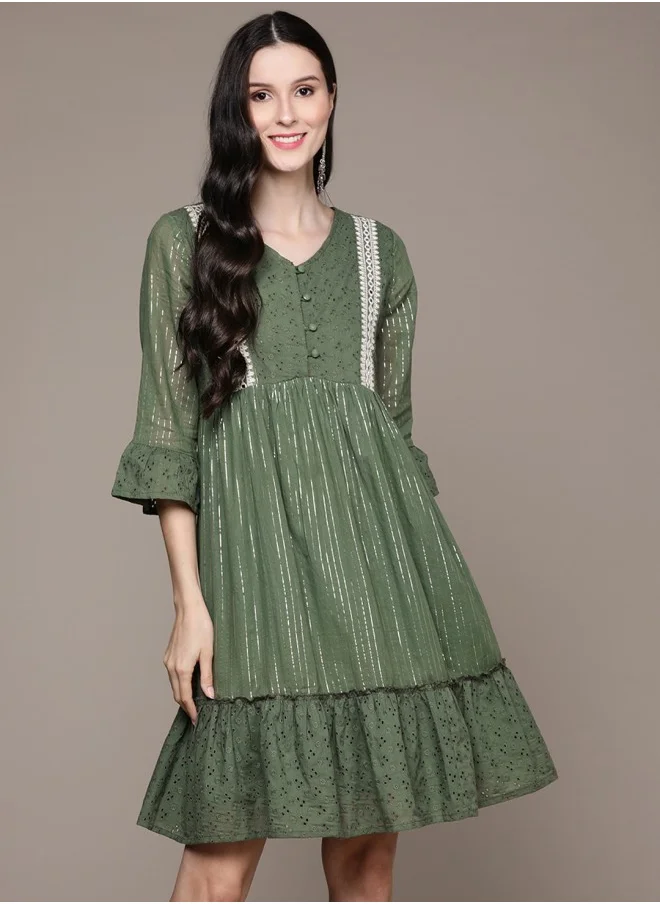 ISHIN V-Neck Schiffli Embroidered Fit & Flare Cotton Dress