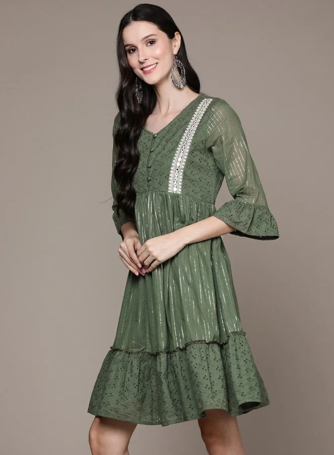 ISHIN Women's Green 100% Cotton Self Design A-Line Dress