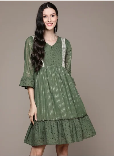 ISHIN Women's Green 100% Cotton Self Design A-Line Dress