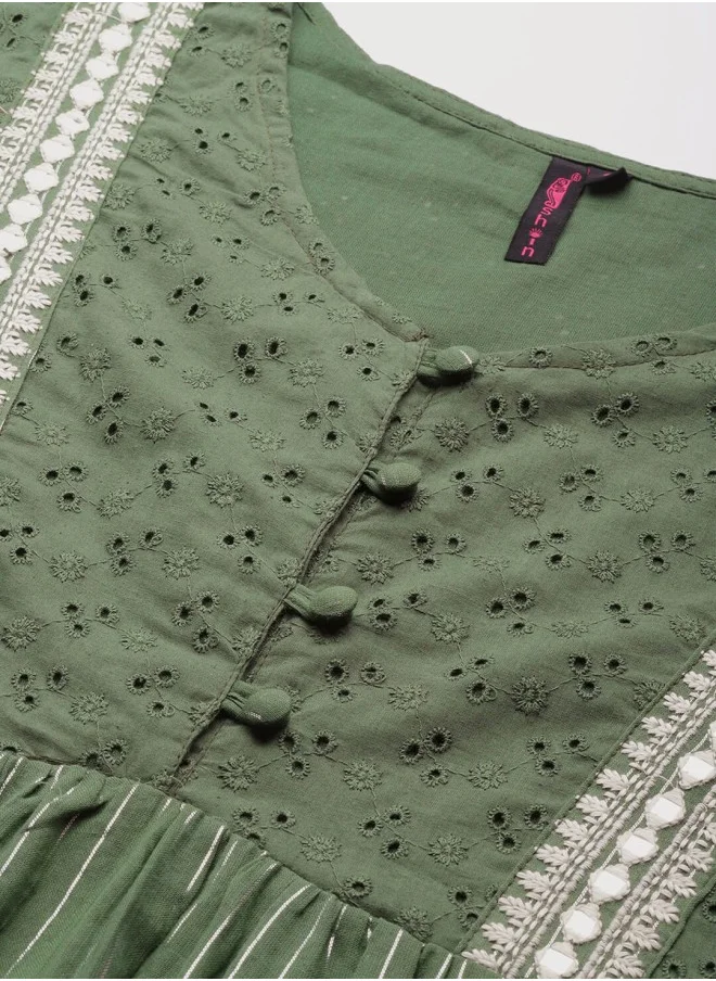 آي شين Aline Fit Self Design Pattern V-Neck Neck Three-Quarter Sleeves GREEN Colour Woven Cotton Dresses for Women with Semi Elastic Closure - Blending Tradition with Modern Style