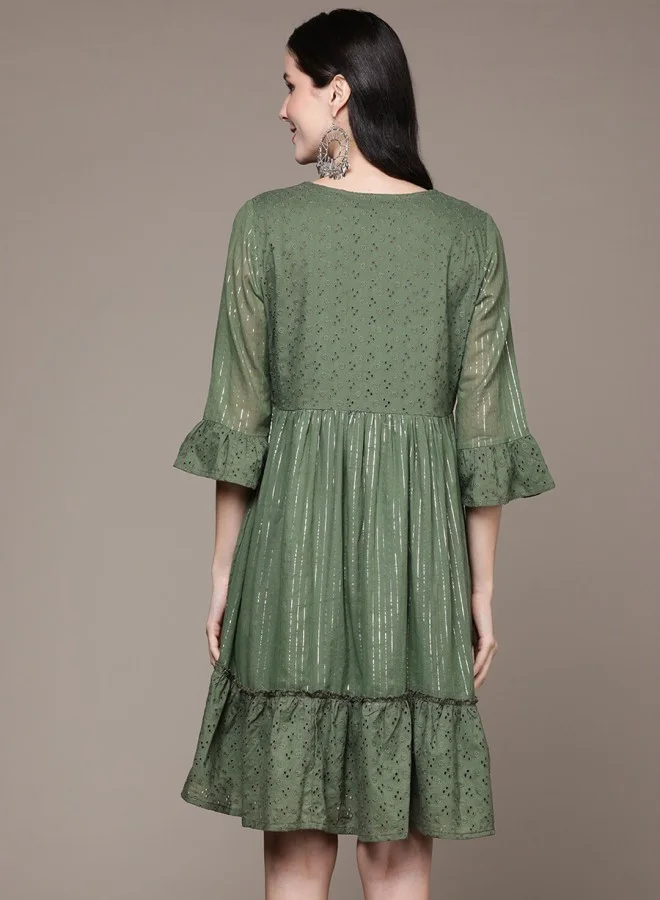 ISHIN Women's Green 100% Cotton Self Design A-Line Dress