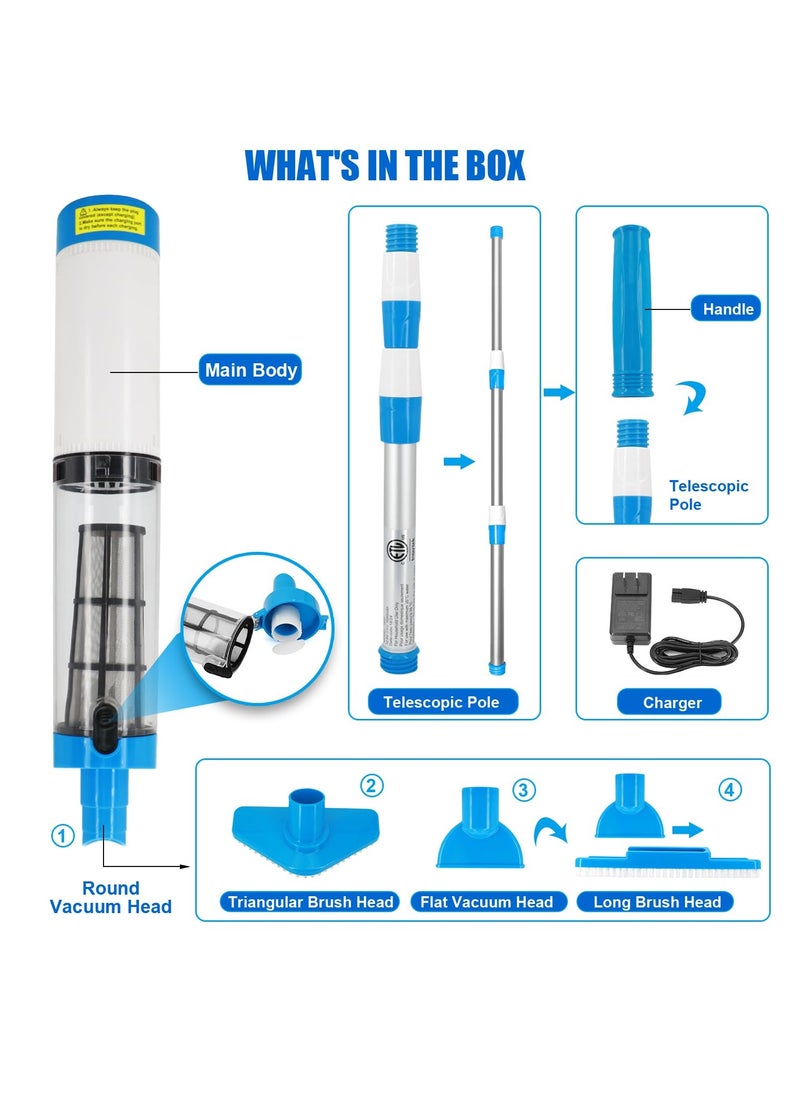 Upgraded 3 in 1 Cordless Rechargeable Pool Vacuum Handheld Pool Vacuum with Telescopic Pole for Deep Cleaning Over 100 Mins Running Time Deep Cleaning for above and In ground Pools Hot Tubs Spas