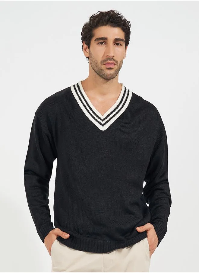 Styli V Neck Varsity Relaxed Lightweight Sweater