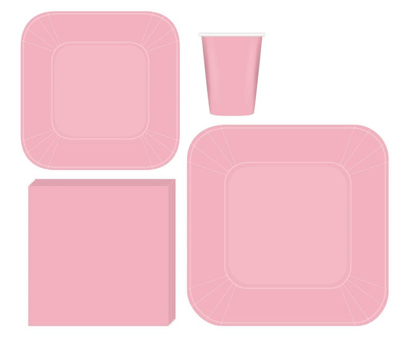 Oojami Serves 50 Complete Party Pack Light Pink Square Plates 9 Dinner Plates 7 Dessert Plates 9 oz Cups 3 Ply Napkin