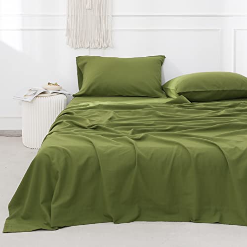 SimpleOpulence Belgian Linen Sheet Set Solid Color  4 Pieces 1 Flat Sheet 1 Fitted Sheet  2 Pillowcases Natural Flax Cotton Blend Soft Breathable Farmhouse Bedding  Queen Size Forest