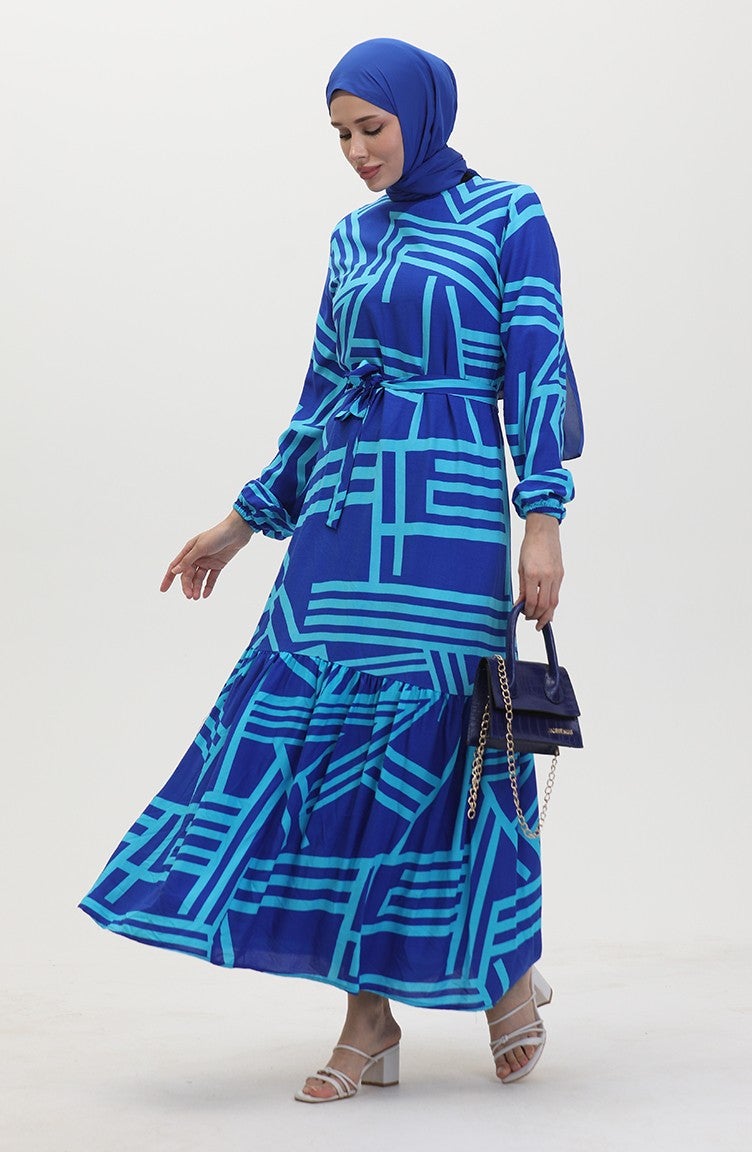 Sefa Merve Patterned Belted Dress 0459-02 Saxe Blue  - Image 1