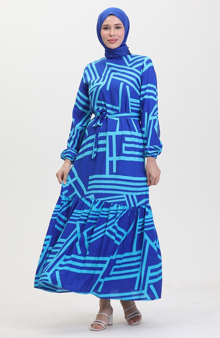 Sefa Merve Patterned Belted Dress 0459-02 Saxe Blue  - Image 3