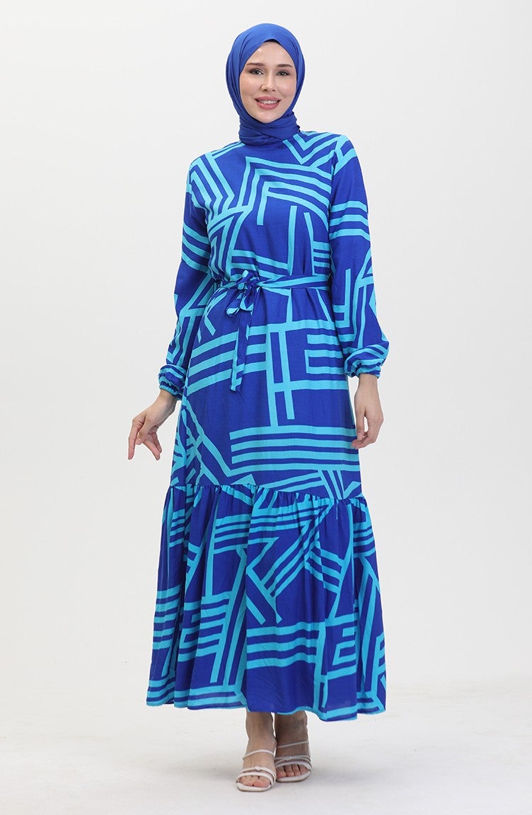 Sefa Merve Patterned Belted Dress 0459-02 Saxe Blue  - Image 2