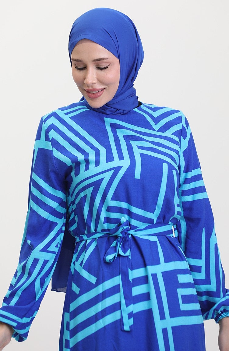Sefa Merve Patterned Belted Dress 0459-02 Saxe Blue  - Image 4