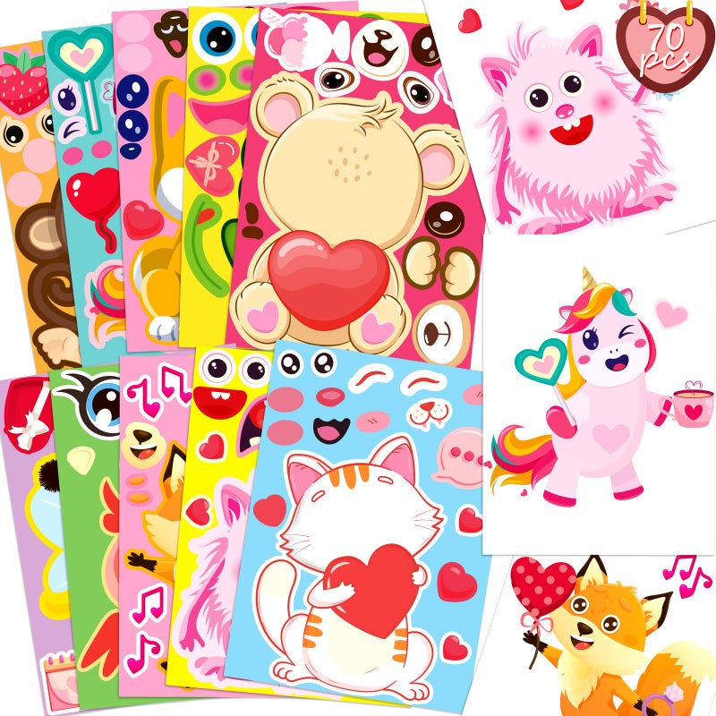 Moon Boat 70Sheets Valentines Stickers Crafts for Kids MakeADogCatMonsterBearFrog Face Sticker Valentines Day Gifts Goodie Bag Stuffer School Classroom Activity Games Party Favors Small Size - Image 3