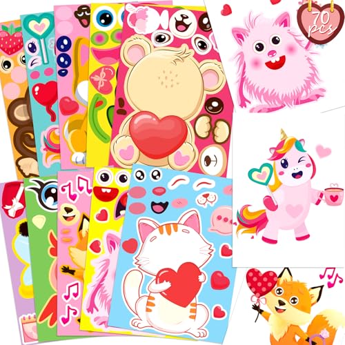 Moon Boat 70Sheets Valentines Stickers Crafts for Kids MakeADogCatMonsterBearFrog Face Sticker Valentines Day Gifts Goodie Bag Stuffer School Classroom Activity Games Party Favors Small Size - Image 1