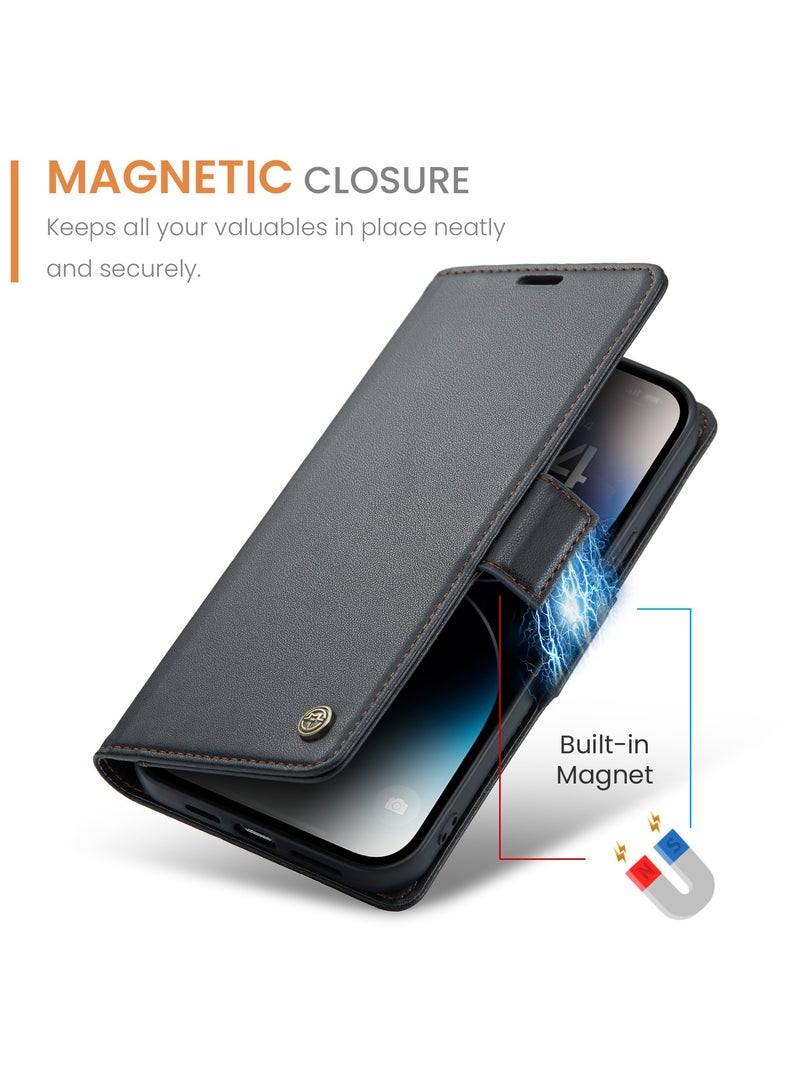Phone Case for iPhone 15 Pro Max Anti-scratch Leather Kickstand Card Slot Money Pocket Black - Image 3