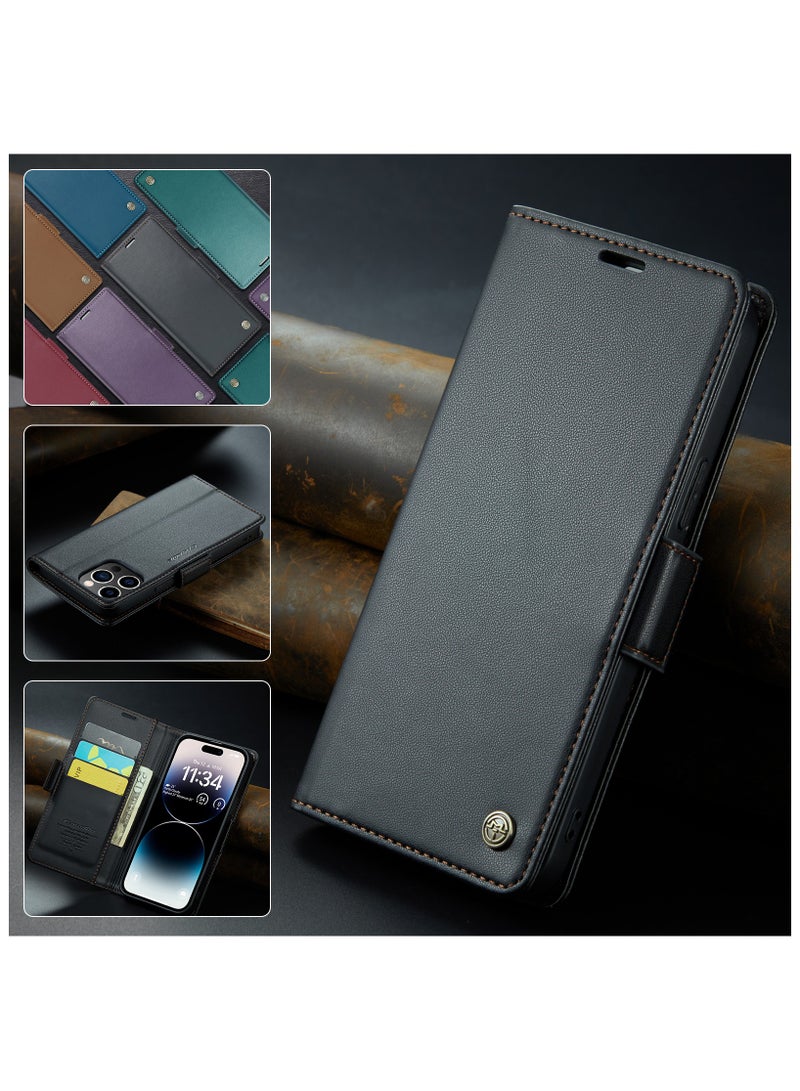 Phone Case for iPhone 15 Pro Max Anti-scratch Leather Kickstand Card Slot Money Pocket Black - Image 4
