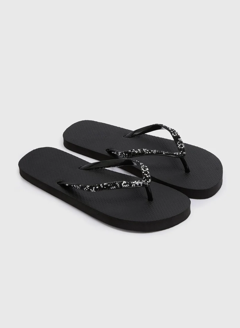 Black Diamante Flip Flops