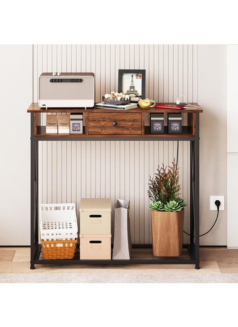 Modern Entryway Coffee Table 100x30x90cm with Storage Shelf and Power Outlet, Side Table for Living Room Sofa, Console Table with Charging Dock and Durable Metal Frame, Brown