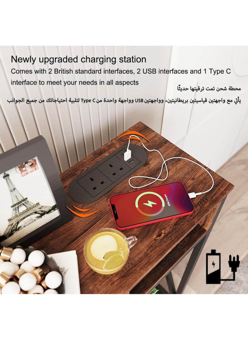AGD - Modern Entryway Coffee Table 100x30x90cm with Storage Shelf and Power Outlet, Side Table for Living Room Sofa, Console Table with Charging Dock and Durable Metal Frame, Brown - Image 1