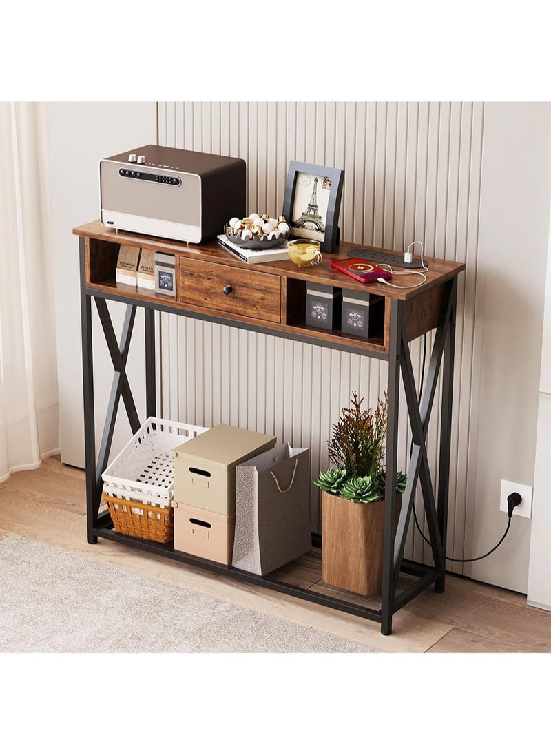 AGD - Modern Entryway Coffee Table 100x30x90cm with Storage Shelf and Power Outlet, Side Table for Living Room Sofa, Console Table with Charging Dock and Durable Metal Frame, Brown - Image 1