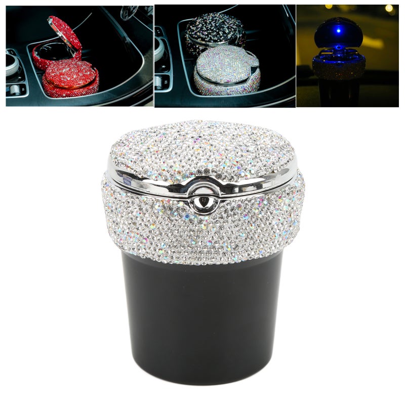 Car Ashtray DiamondStudded Smokeless Container with LED Light Indicator Multifunctional Universal(White ) - Image 3