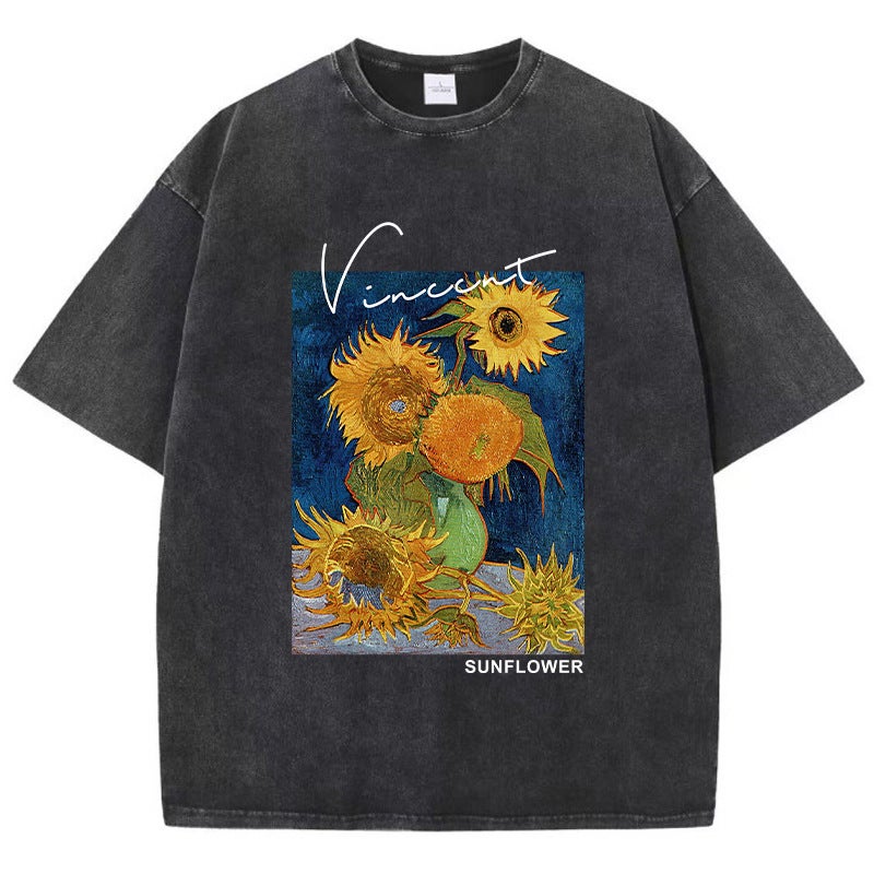 Van Gogh Sunflower Printed T-Shirt Pure Cotton Men And Women Casual T-Shirt Breathable Short Sleeve - Image 1