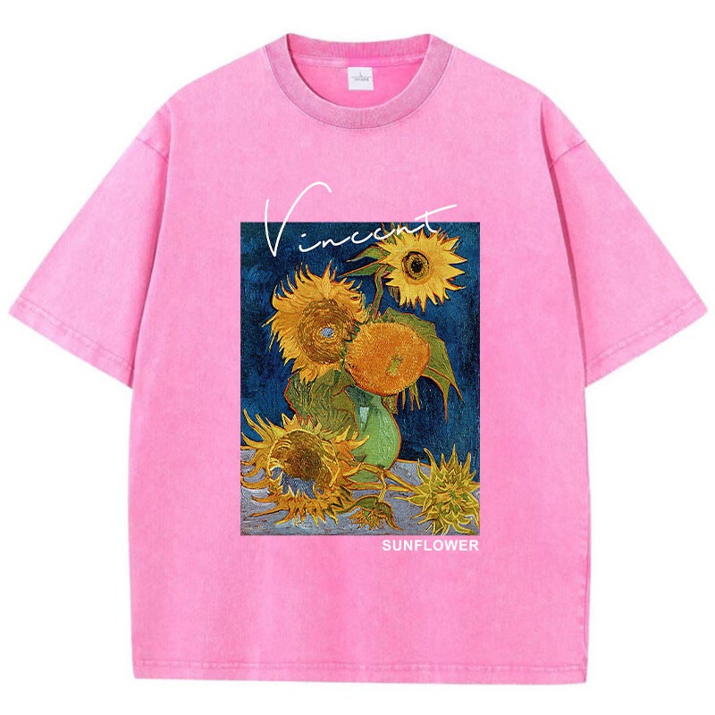 Van Gogh Sunflower Printed T-Shirt Pure Cotton Men And Women Casual T-Shirt Breathable Short Sleeve - Image 2