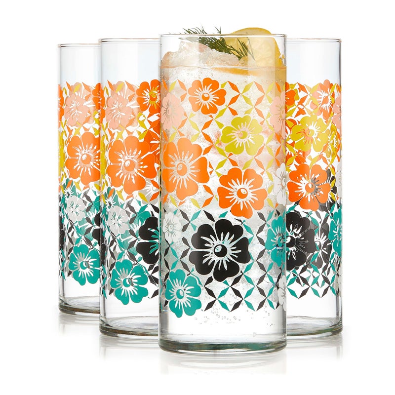 Libbey Vintage Flower Drinking Glasses Set of 4 Colorful Retro Floral Design Glass Cups Set Dishwasher Safe Water Glasses Set for Beverages