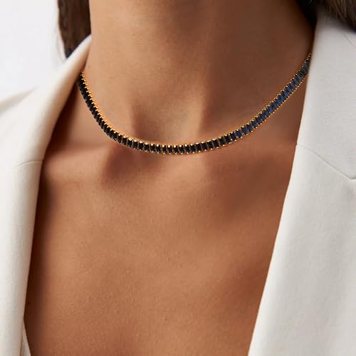 FANZE Sparkly Tennis Necklaces for Women Sapphire Cubic Zirconia Gold Plated Choker Necklace Dainty Jewelry Gifts for Holiday - Image 3