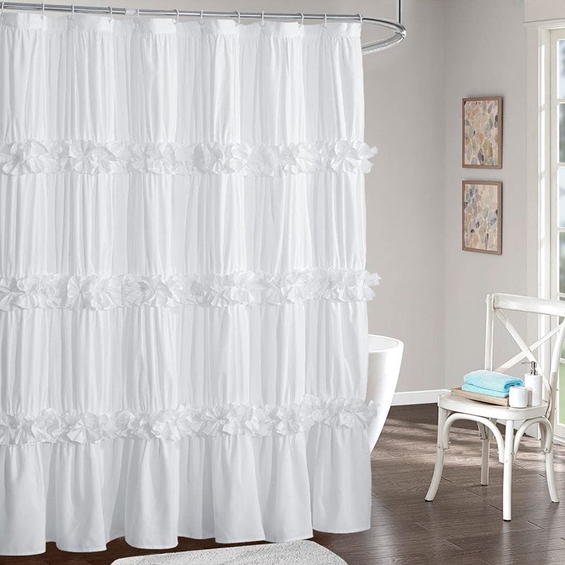 Homechoice Decor Homechoice Decor Victorian Ruffle Shower Curtain Ruched Microfiber Vintage Handcrafted Bow Tie Bath Curtain for Master Bathroom with 12 Buttonholes 72 W x 72 H White LQ10
