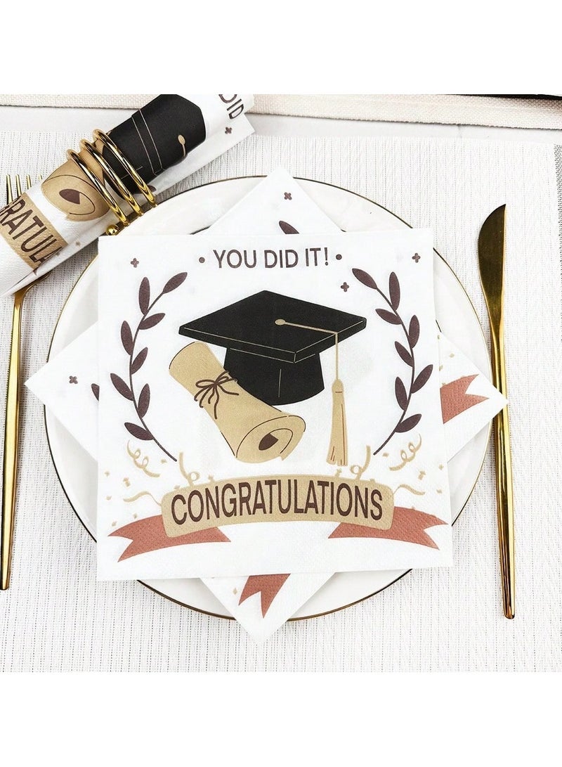 Graduation Decoration – Paper Napkins with Graduation Cap Design A set of 20 paper napkins featuring a stylish black and gold graduation cap design with the word Congratulations – perfect for gradua - Image 1