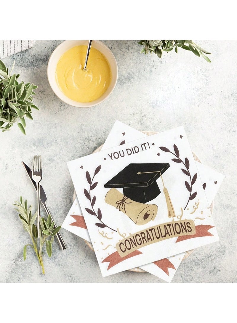 Graduation Decoration – Paper Napkins with Graduation Cap Design A set of 20 paper napkins featuring a stylish black and gold graduation cap design with the word Congratulations – perfect for gradua - Image 3