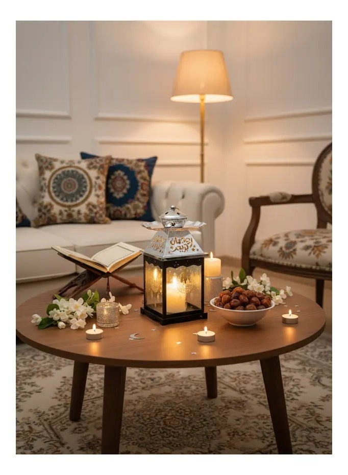 Ramadan Lantern Glass with Silver Steel Touch Islamic Decoration and Serving Plate, Black/Silver - Image 1