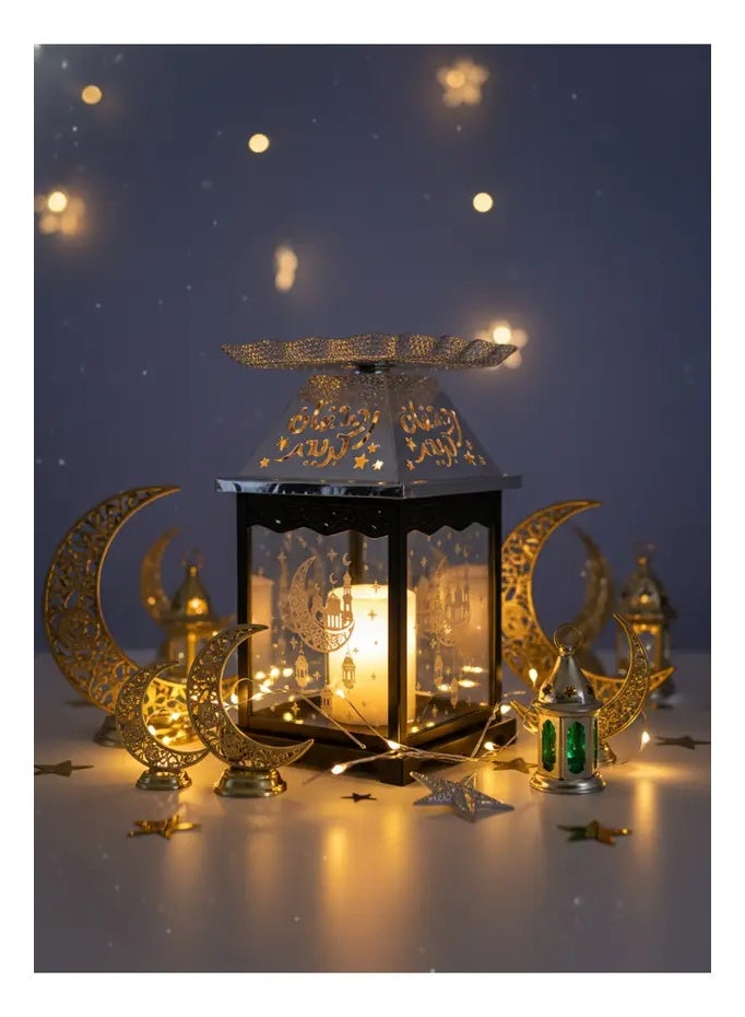 Ramadan Lantern Glass with Silver Steel Touch Islamic Decoration and Serving Plate, Black/Silver - Image 2