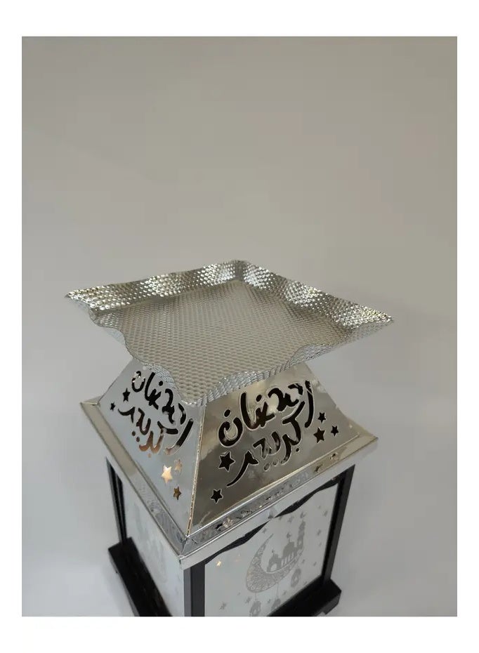 Ramadan Lantern Glass with Silver Steel Touch Islamic Decoration and Serving Plate, Black/Silver - Image 4