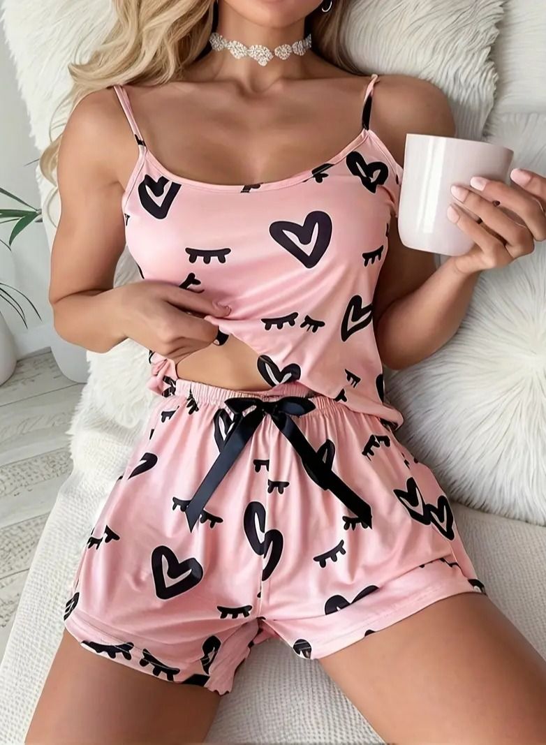 Women's Heart Print Pajama Set - Soft & Comfy Sleepwear & Loungewear for Maximum Comfort!