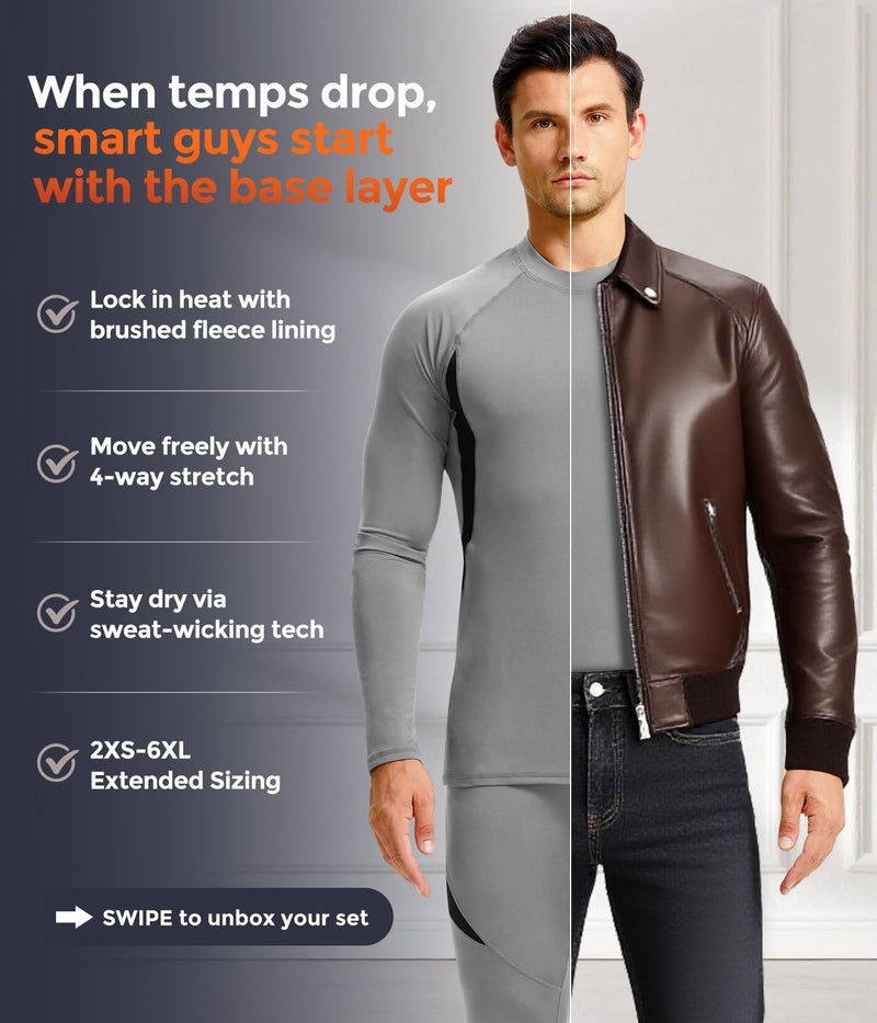 CL convallaria Thermal Underwear for Men, Long Johns Winter Hunting Gear Sport Skiing Base Layer Top and Bottom Set Midweight Grey Small - Image 4
