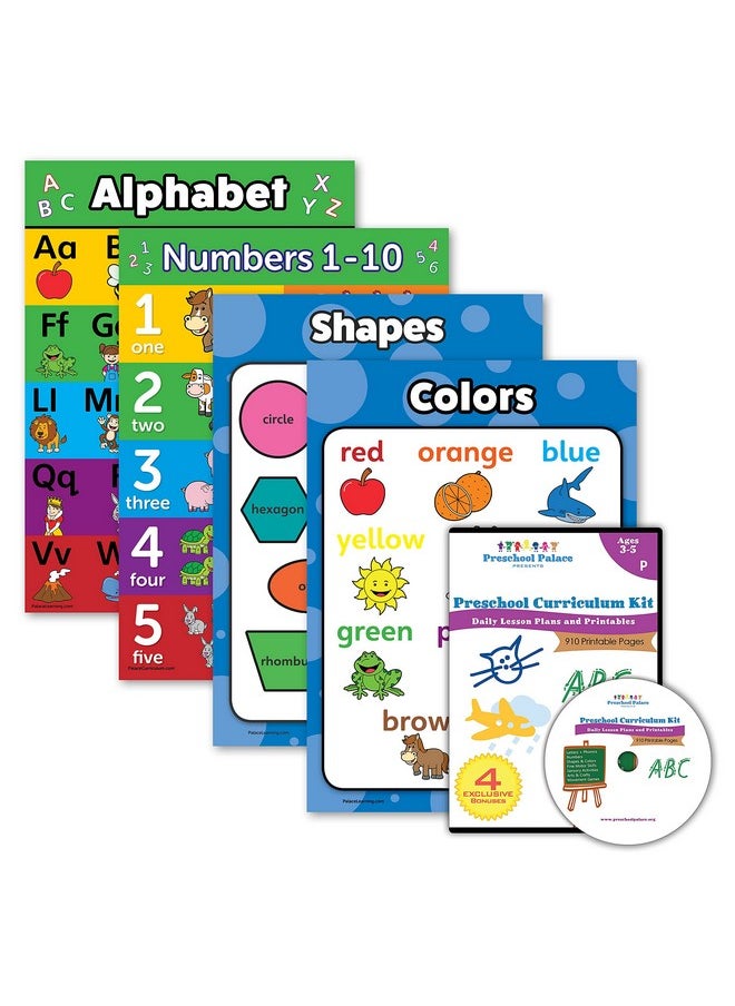Palace Learning Palace Learning 5 Pack - Preschool Curriculum Kit on CD & ABC Alphabet + Numbers 1-10 + Shapes + Colors Poster Set (LAMINATED, 18” x 24”)  - Image 1