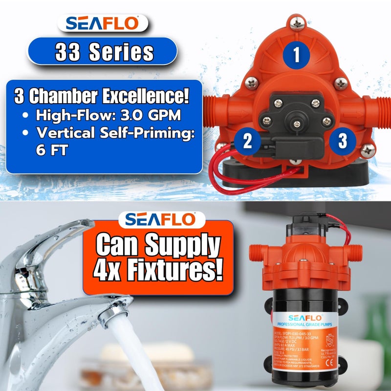 SEAFLO SEAFLO 33 Series DC Diaphragm Pump – 4-Year Warranty! 12V, 3.0 GPM, 45 PSI, Self-Priming, Run Dry Safe, Built-In Pressure Switch | Ideal for Marine, RV, and Water Systems  - Image 2