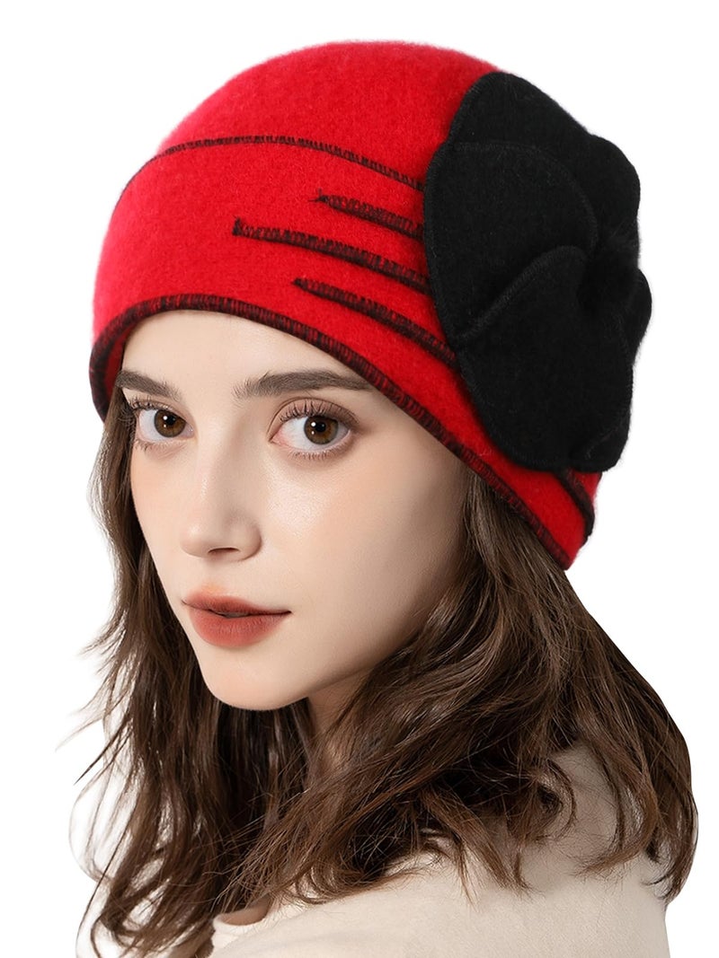 Sumolux Beanie Hats for Women Wool Beret Floral Cuffed Skull Cap French Vintage Dress Cloche Classic Winter 1920s Red Black - Image 2