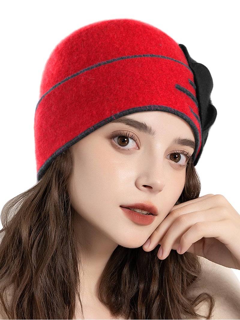 Sumolux Beanie Hats for Women Wool Beret Floral Cuffed Skull Cap French Vintage Dress Cloche Classic Winter 1920s Red Black - Image 3