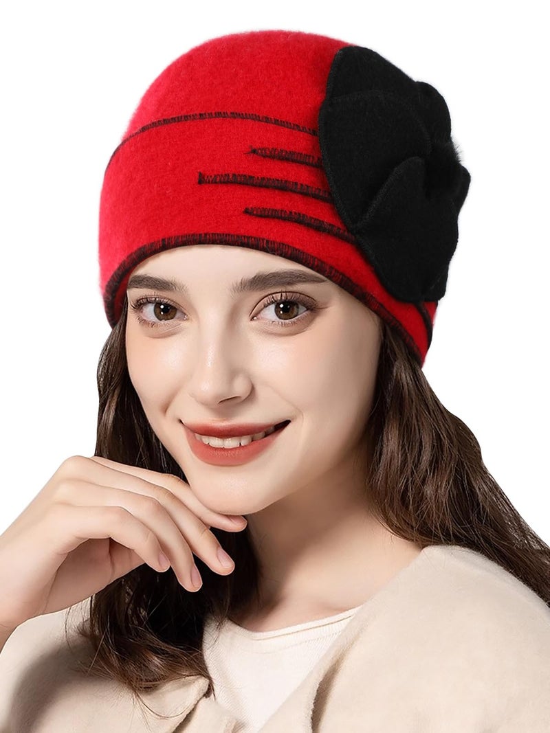 Sumolux Beanie Hats for Women Wool Beret Floral Cuffed Skull Cap French Vintage Dress Cloche Classic Winter 1920s Red Black - Image 1