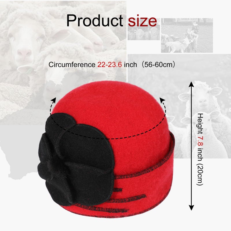 Sumolux Beanie Hats for Women Wool Beret Floral Cuffed Skull Cap French Vintage Dress Cloche Classic Winter 1920s Red Black - Image 5